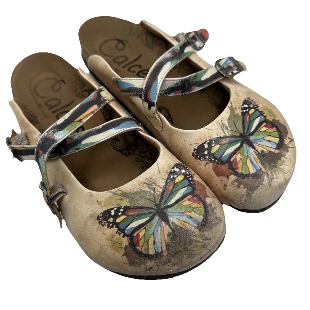 Calceo Colorful Butterfly Patterened Clog Vegan Leather Quirky Garden Artsy Sz41